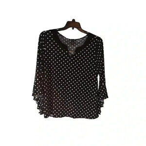 Susan Lawrence Womens Top Black White Polka Dot Flared Sleeve Stretch Size XL